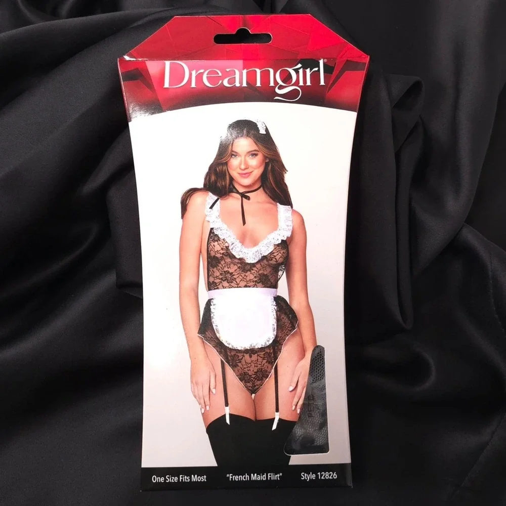 NWB Dreamgirl French Maid Flirt ONE‎ SIZE Lace Teddy Apron Bodice Garters 12826